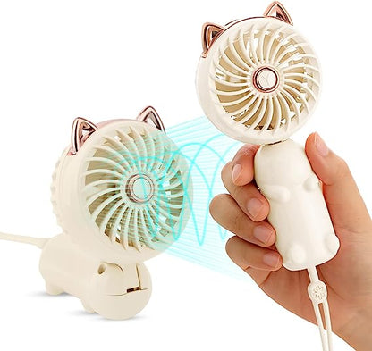 Handhållen fläkt med snodd, bärbar mini-handfläkt med USB-laddningsbart batteri, stark personlig bordsfläkt med 3 hastigheter, liten sminkfläkt för tjejer och kvinnor, resor, 8-12 timmar (lila och rosa)